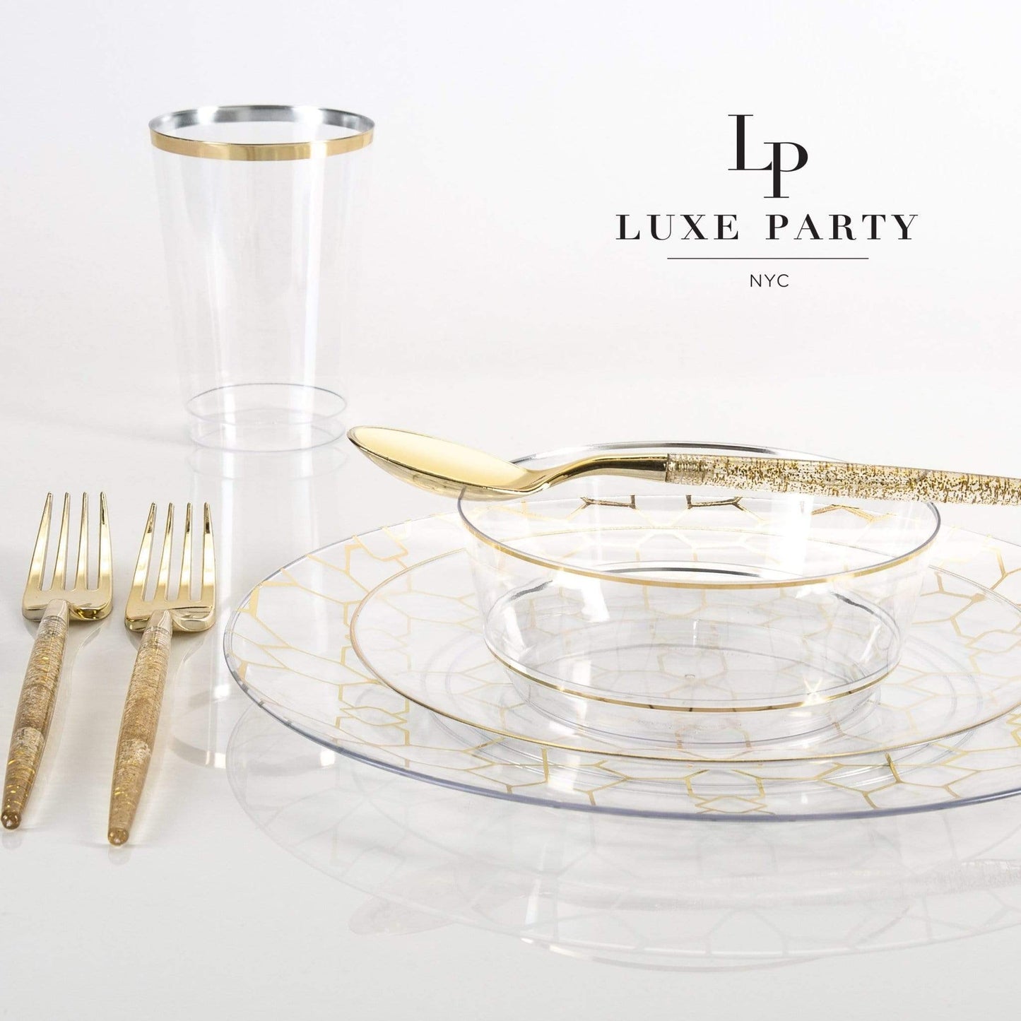 Luxe Party - Round Clear • Gold Plastic Plates | 10 Pack: 10 Plastic Pates / 7.25" Appetizer Plates