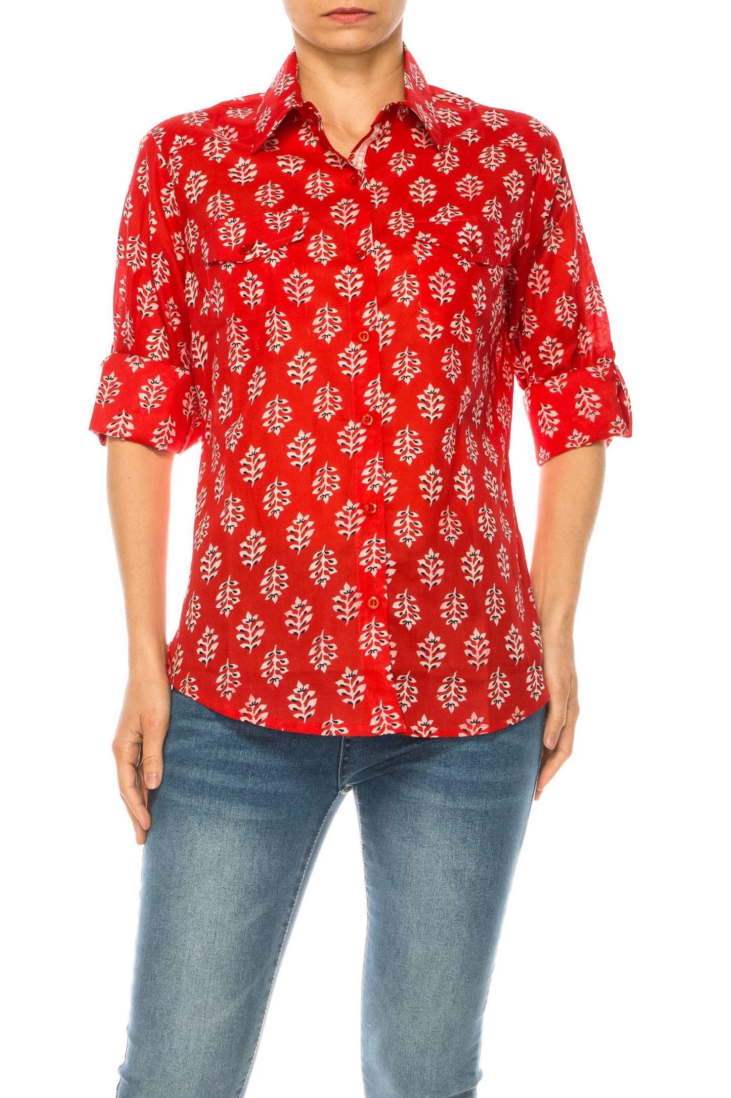 Magazine Clothing - Red Floral Button Down Shirt: X-Large