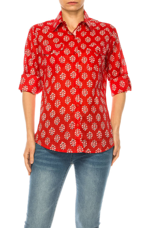 Magazine Clothing - Red Floral Button Down Shirt: X-Large