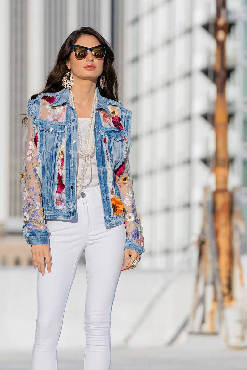 Adore - 2406 - Denim Lace Jacket with Floral Embroidery: S