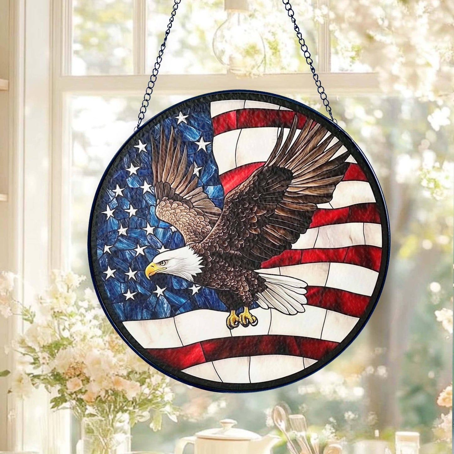 NVC Ecommerce LLC - American Flag Bald Eagle Stained Glass Suncatcher, Decor: 11.8in