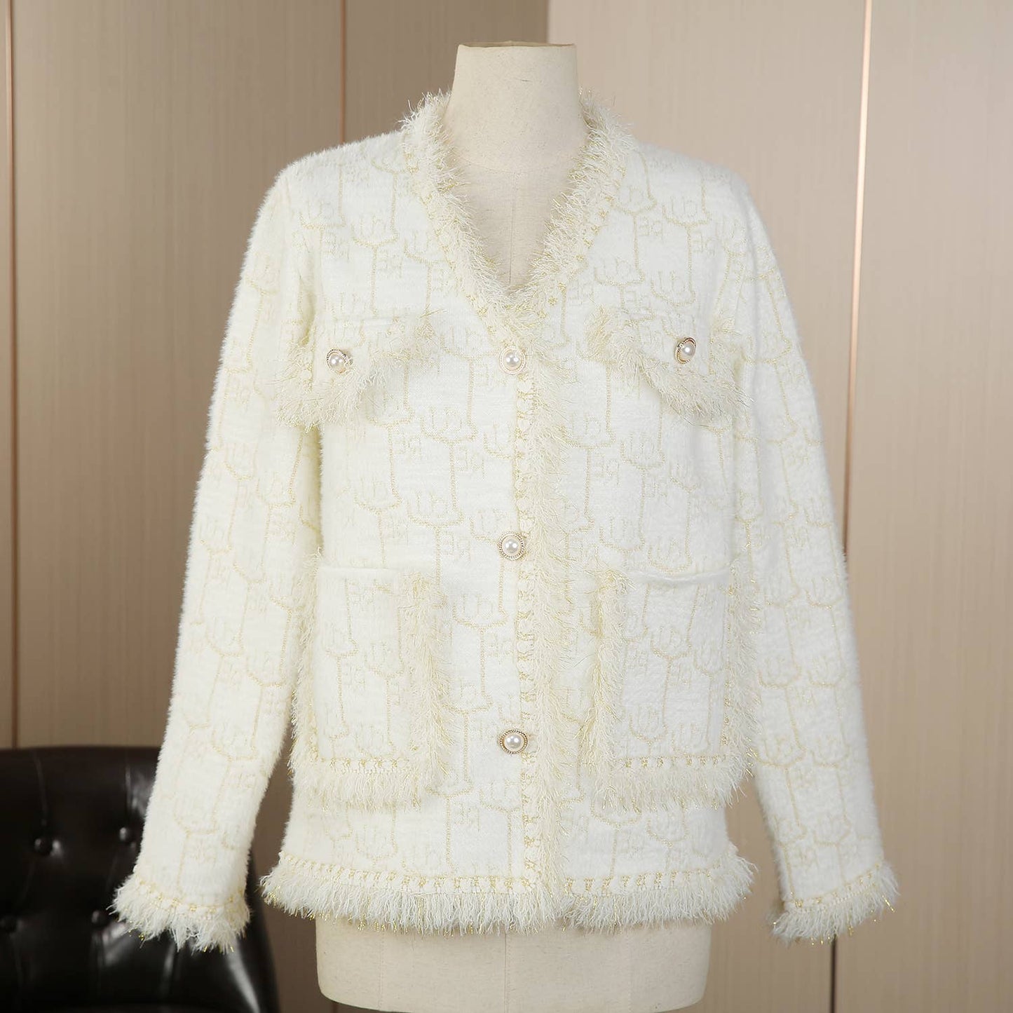 PEACH ACCESSORIES -  Elegance Bouclé Cardigan with Pearl Accents SD190: Black