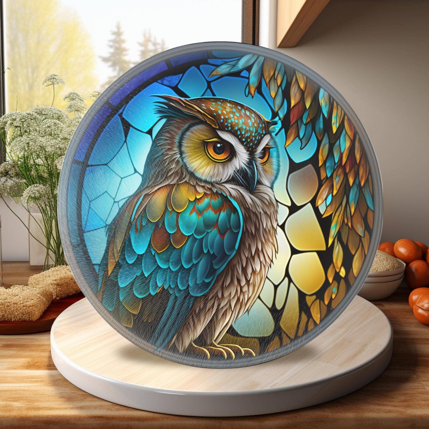 Fernville Creations - Owl Tempered Glass Cutting & Serving Board, Wedding Gift: 12 Inch