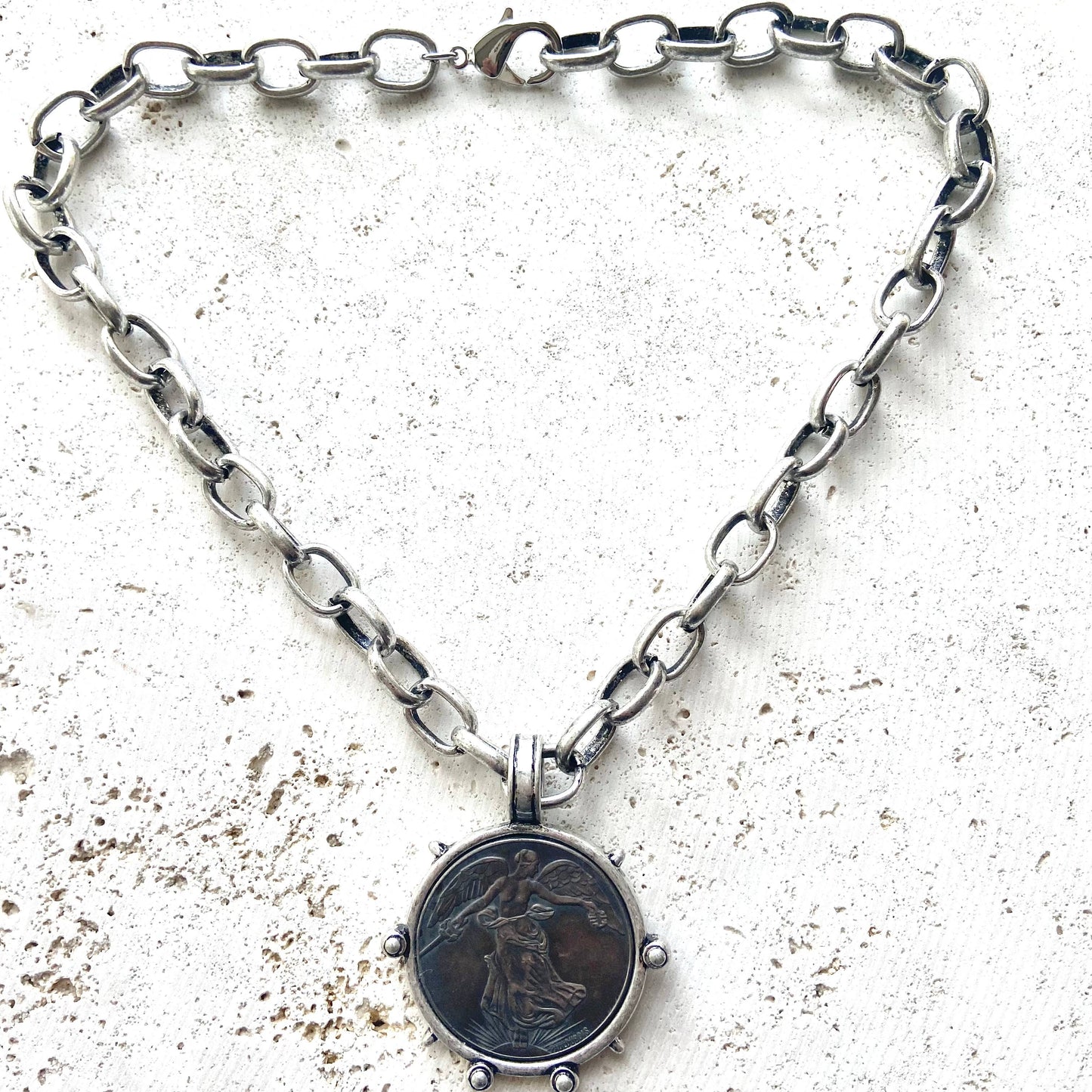VB&CO Designs Handmade Jewelry - Medallion French Angel coin necklace boutique  jewelry: Matte gold