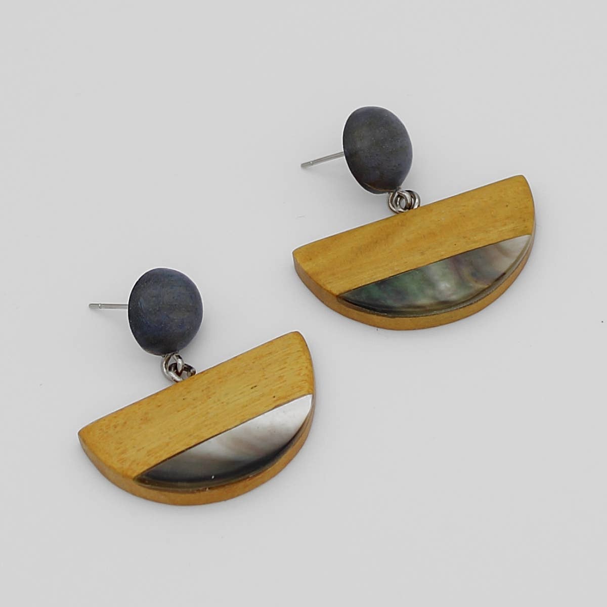 Sylca Designs - Mustard Wood and Shell Half Moon Earrings