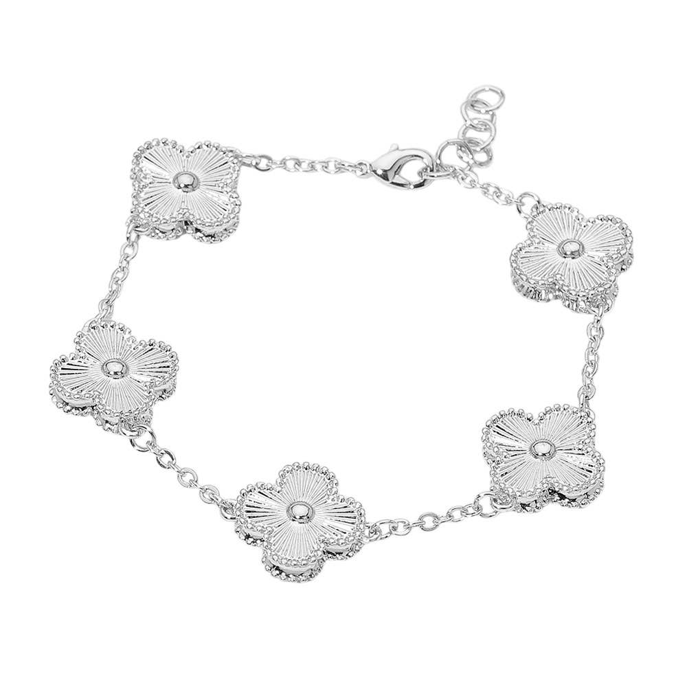 Sensibling Corp. - 14K Gold Plated Textured Quatrefoil Charm Link Bracelet: Silver