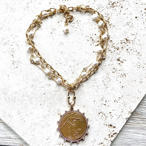 VB&CO Designs Handmade Jewelry - Angel coin medallion necklace pearl gold jewelry crystal: Gold