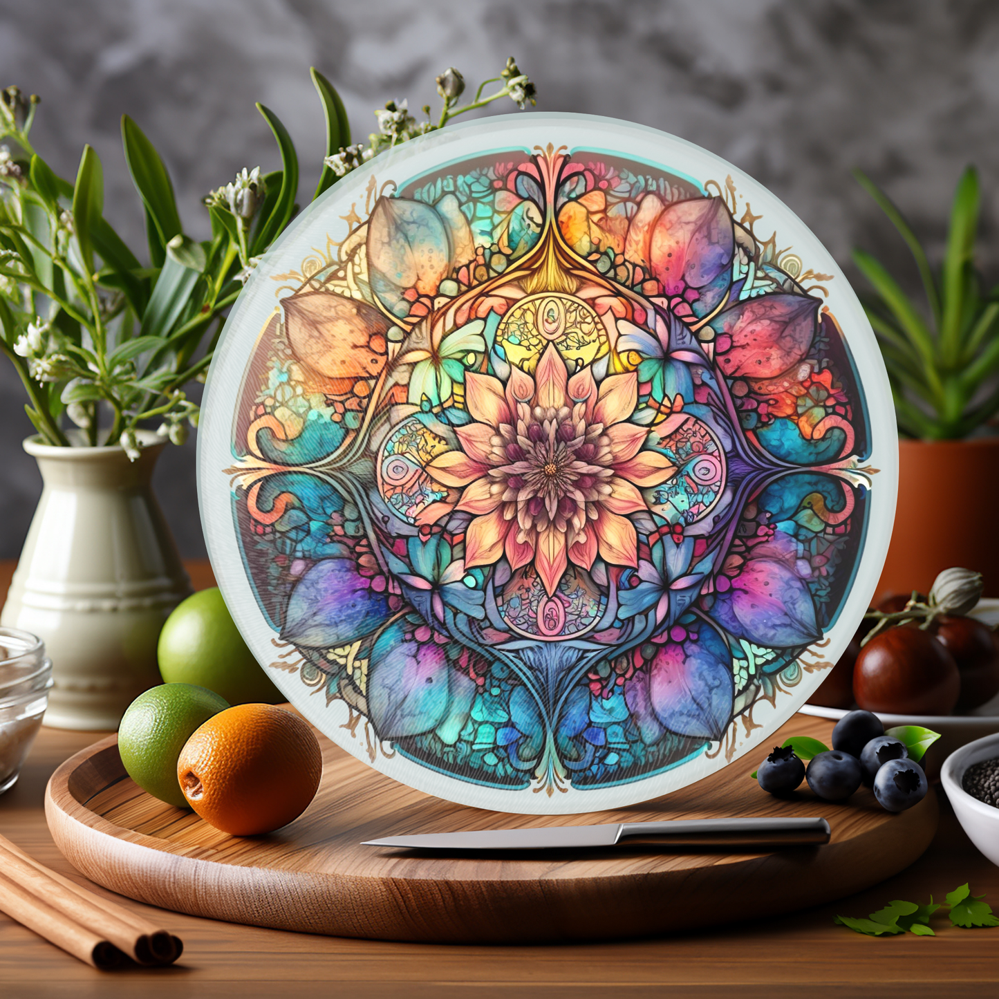Fernville Creations - Mandala Cutting Board, Printed Image on Textured Glass: 12 Inch
