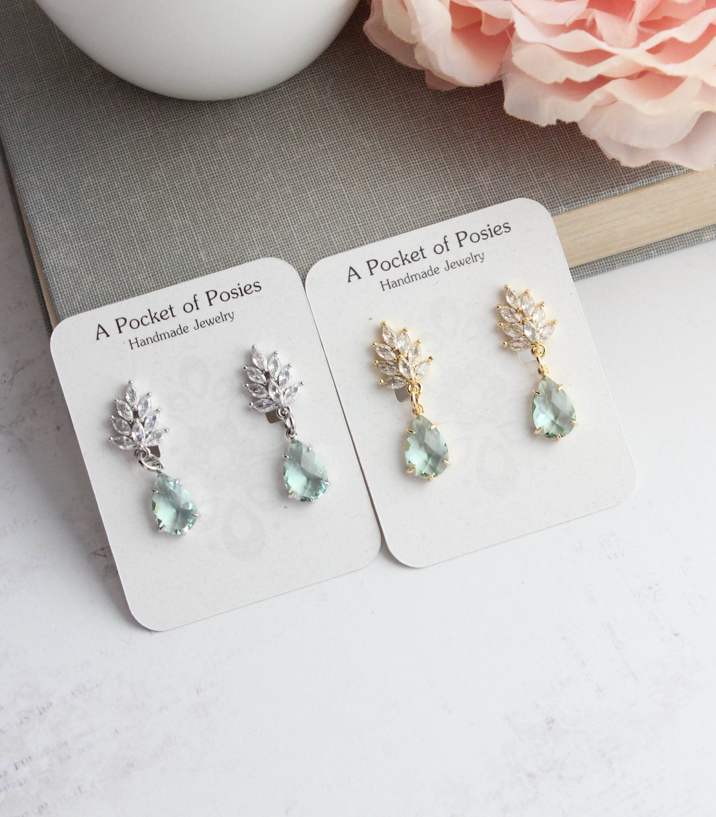A Pocket of Posies - Glass Leaf Earrings | Rhinestone Studs | Gold or Silver: Gold Plated