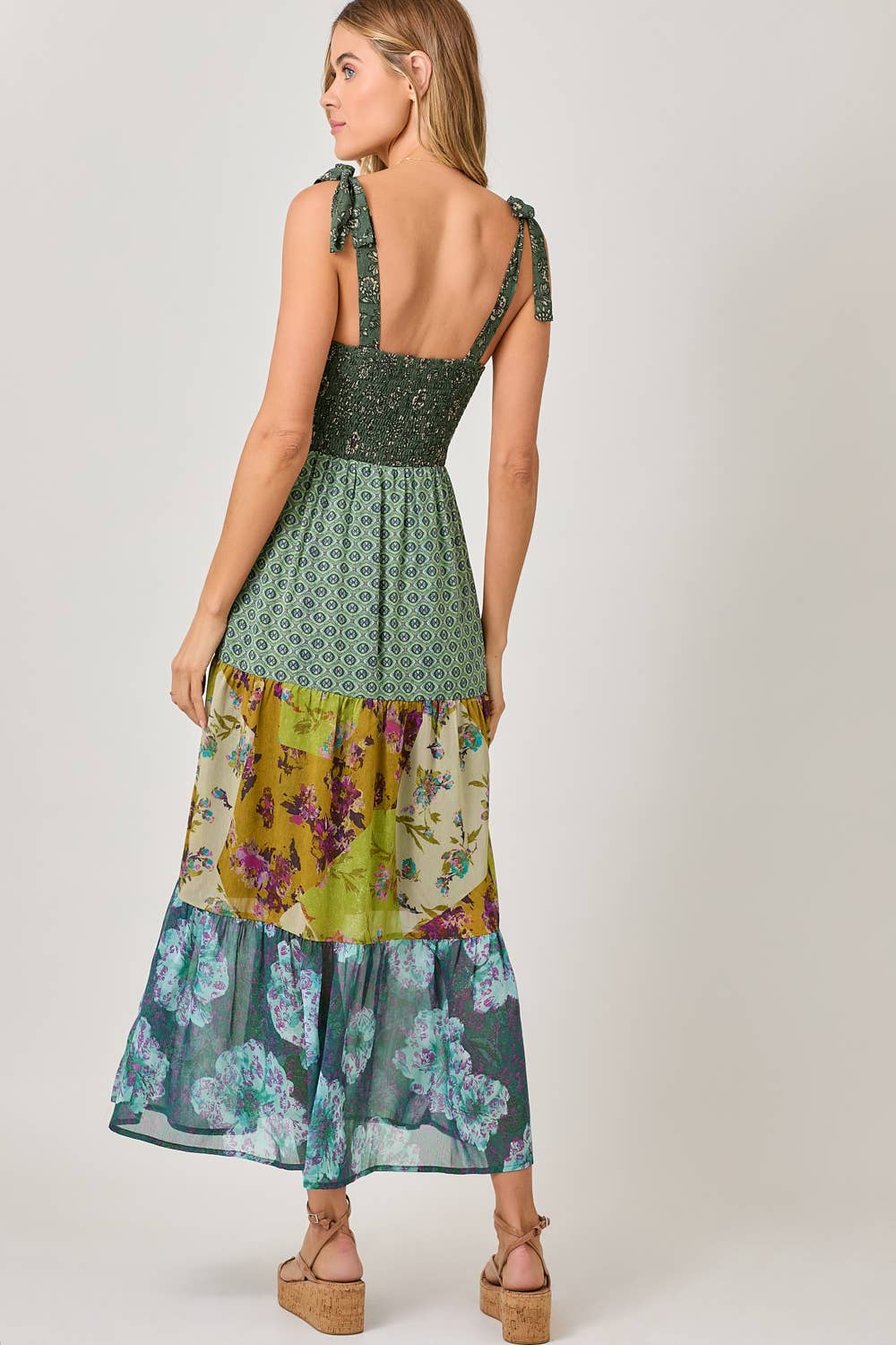 Mystree - 61078 Strap Tied Smocked Top Tiered Long Dress : Emerald Mix / Medium