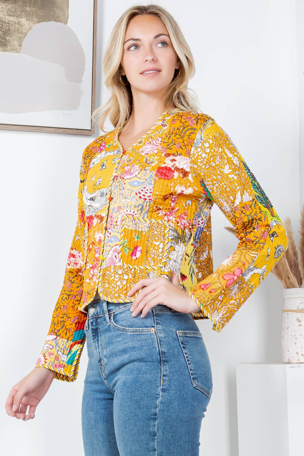 LA Soul - Floral Print Quilted Patch Cotton Jacket - Yellow: XL