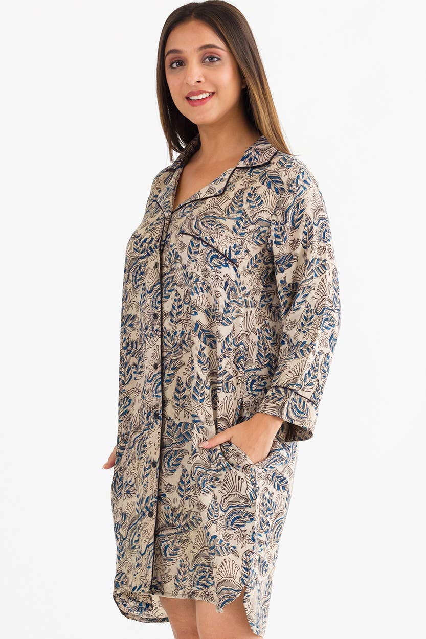 Sevya Handmade - Kalamkari Nightshirt: L/XL / Blue & Silver