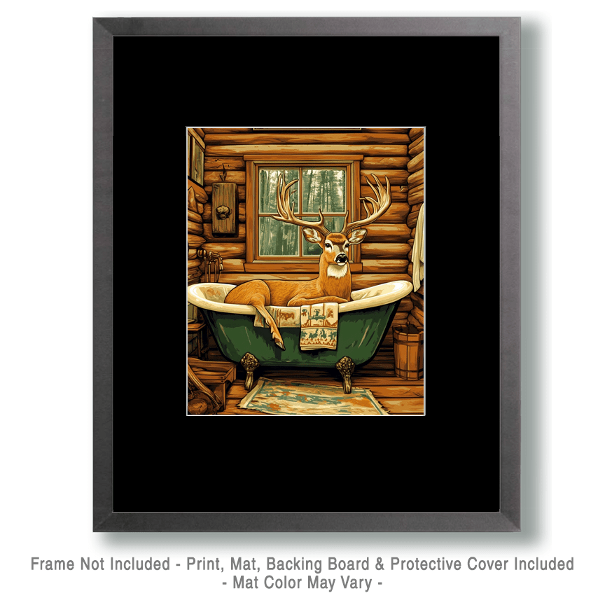Mowbi - Buck Deer in Bathtub - Bathroom Wall Art Prints – 8″x10″ Artwork for 11″x14″ Frame
