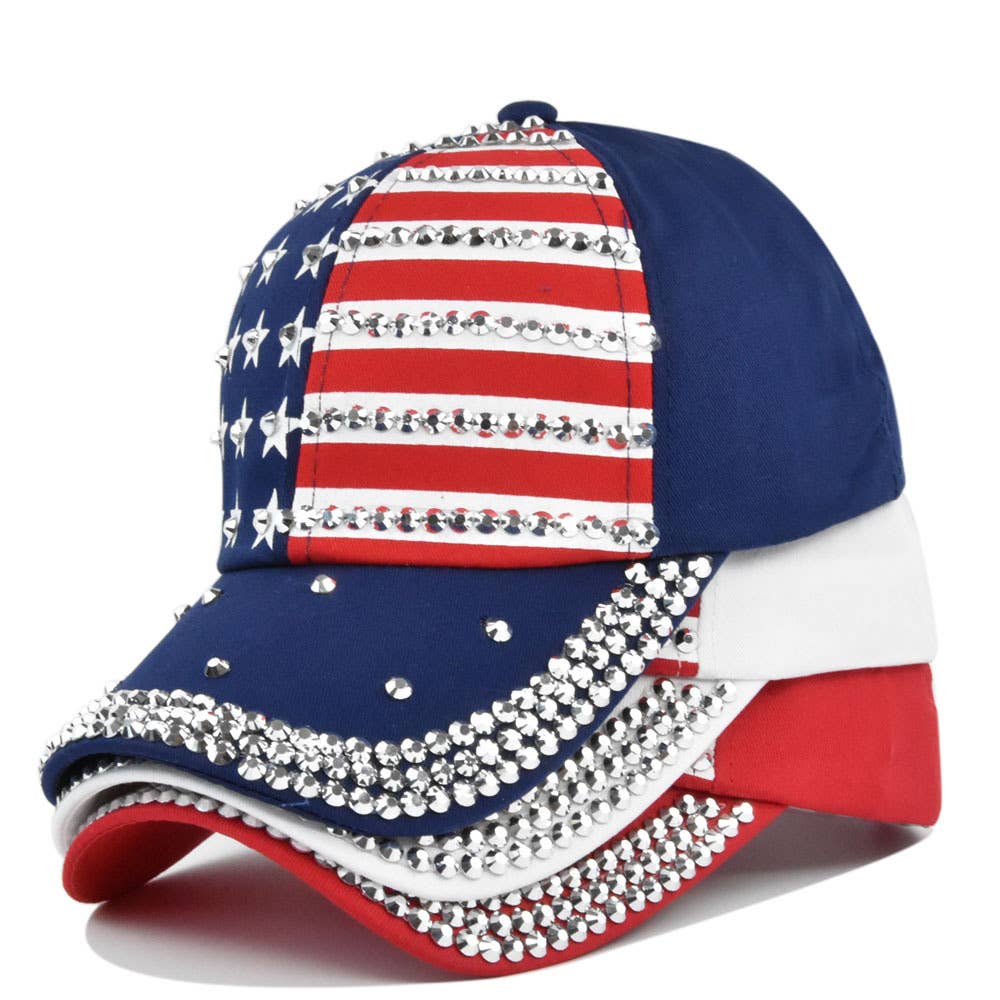 MKS America - Fourth of July hot diamond flag baseball cap: Red / M