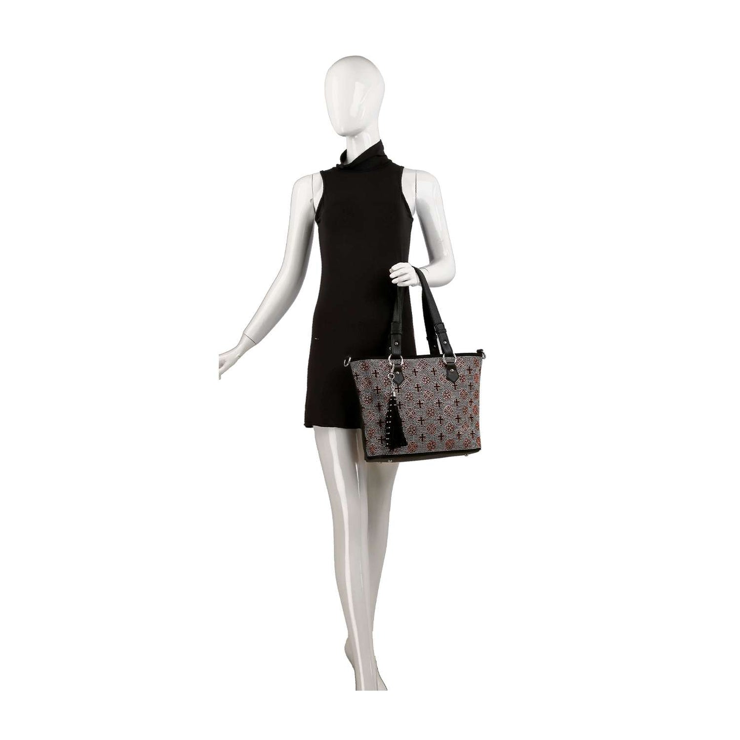 Handbag Express - Rhinestone Signature Print Classic Tote Bag: Black