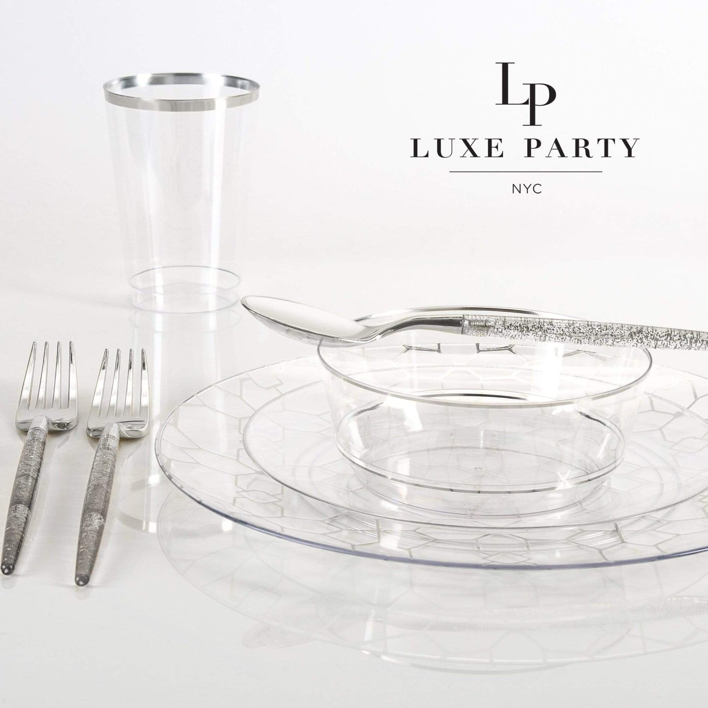 Luxe Party - Clear • Silver Round Plastic Plates | 10 Pack: 10 Plastic Plates / 7.25" Appetizer Plates