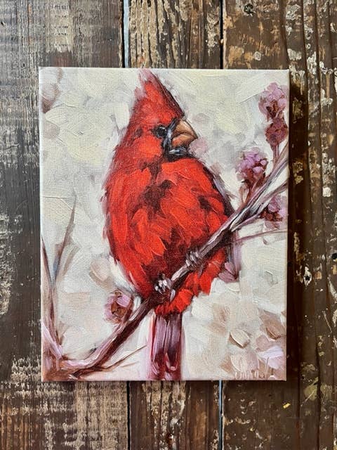 Rustic Nester - Sympathy gift, red bird watercolor canvas art,  Cardinal: 11x14