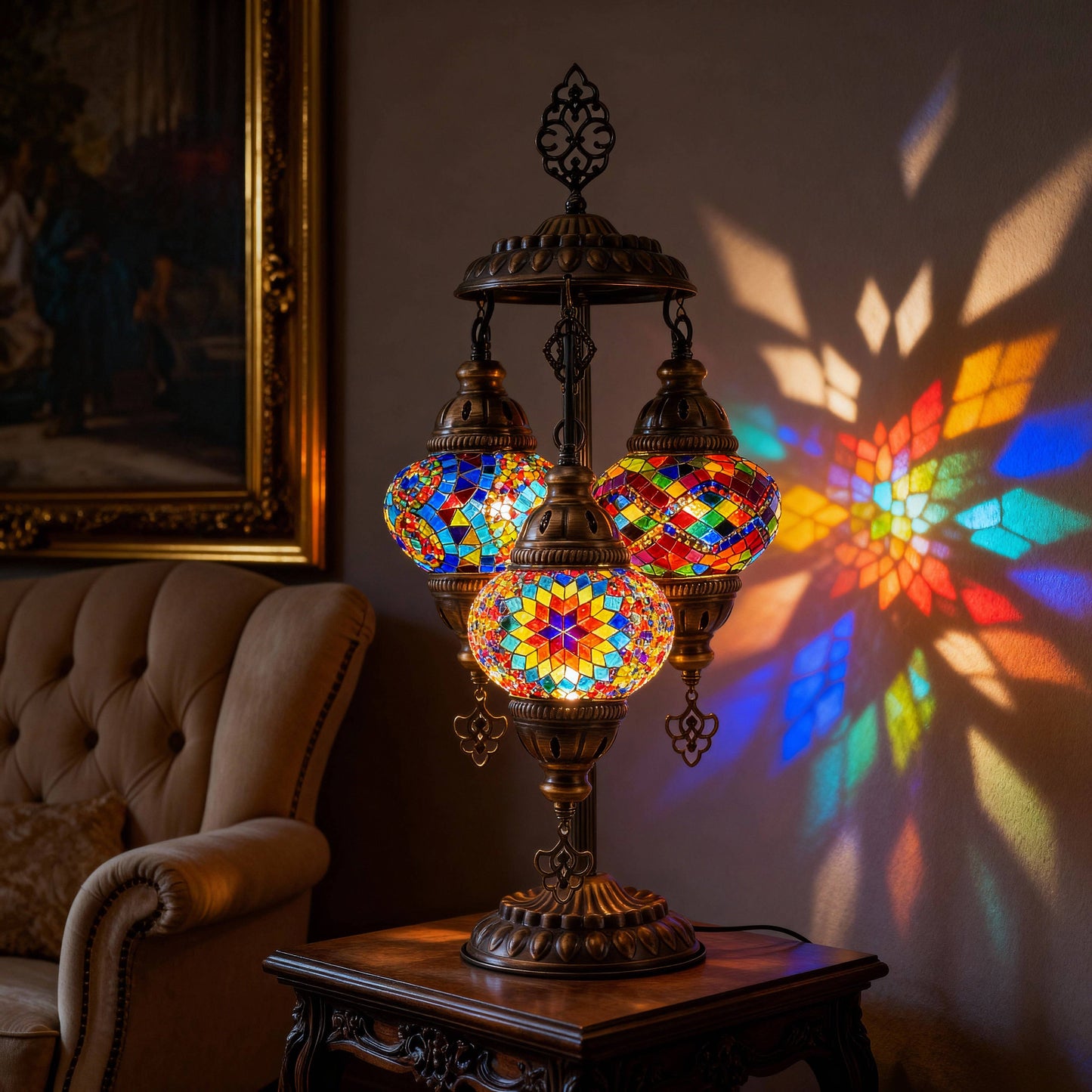 Mozaist LLC - 3-Globe Turkish Mosaic Table Lamp (Rainbow)