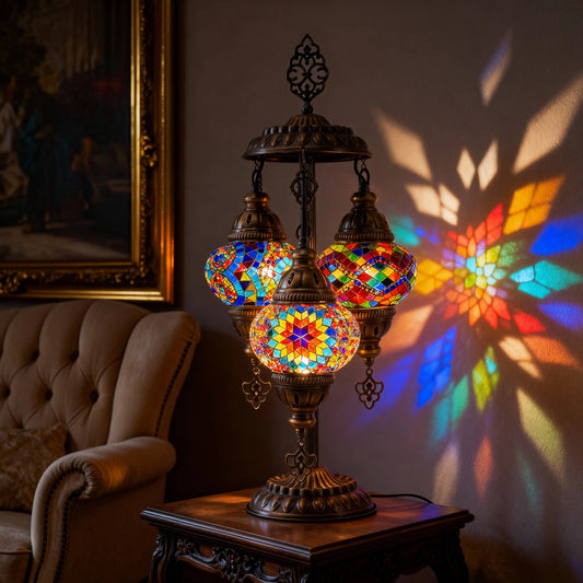 Mozaist LLC - 3-Globe Turkish Mosaic Table Lamp (Rainbow)