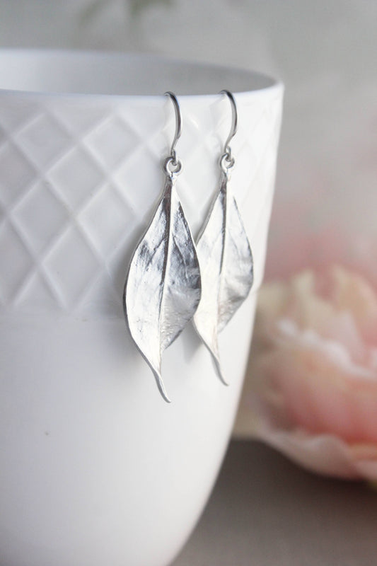 A Pocket of Posies - Long Curled Leaf Earrings: Matte Silver