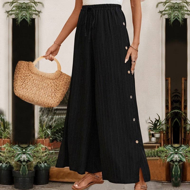 UZ Wholesale Store - Textured Black High-Waisted Wide Leg Pants: BLACK / M