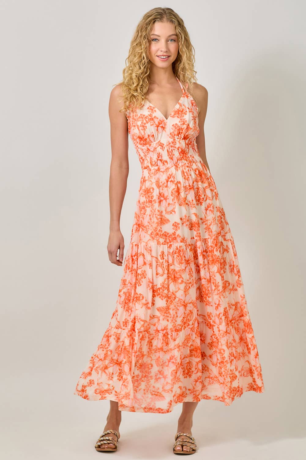 Mystree - 61048 Printed Mesh Long Tiered Dress: Ivory/Pale Blue / Large