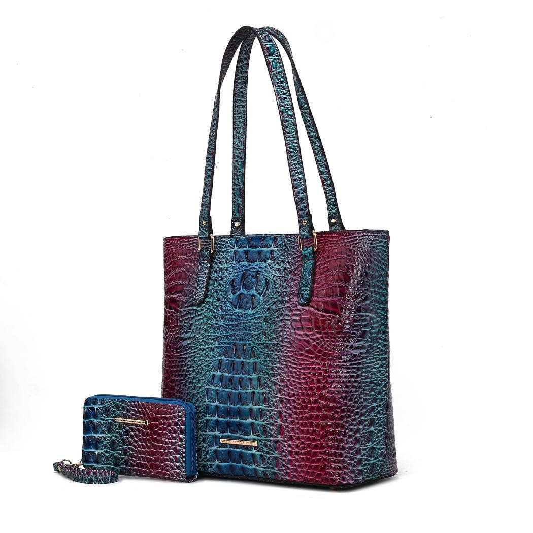 MKF Collection - MKF Piper Gradient Rainbow Embossed Tote Bag & Wallet: Turquoise
