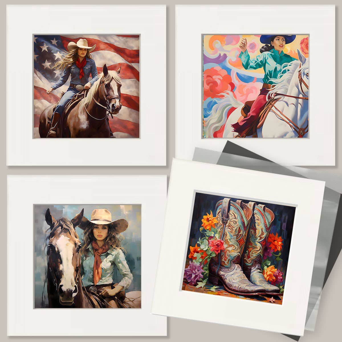 Mowbi - Three Amigos - Cowboy Cats - Wall Art Print - Coastal Cowgirl  8"x10" Artwork - 11"x14" Mat