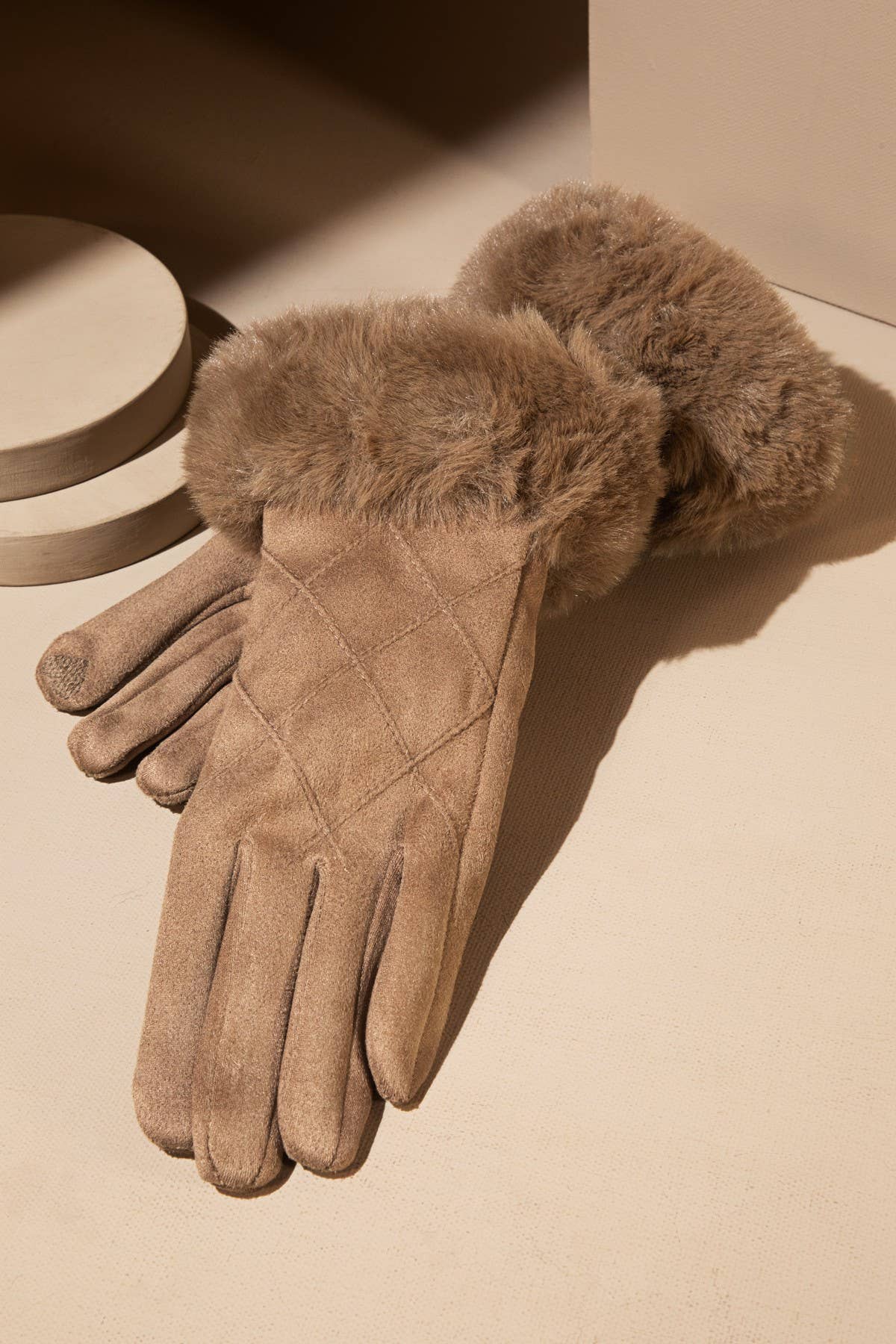 Shop Neighbors - Fluffy Faux Fur Smart Touch Suede Gloves : TAUPE