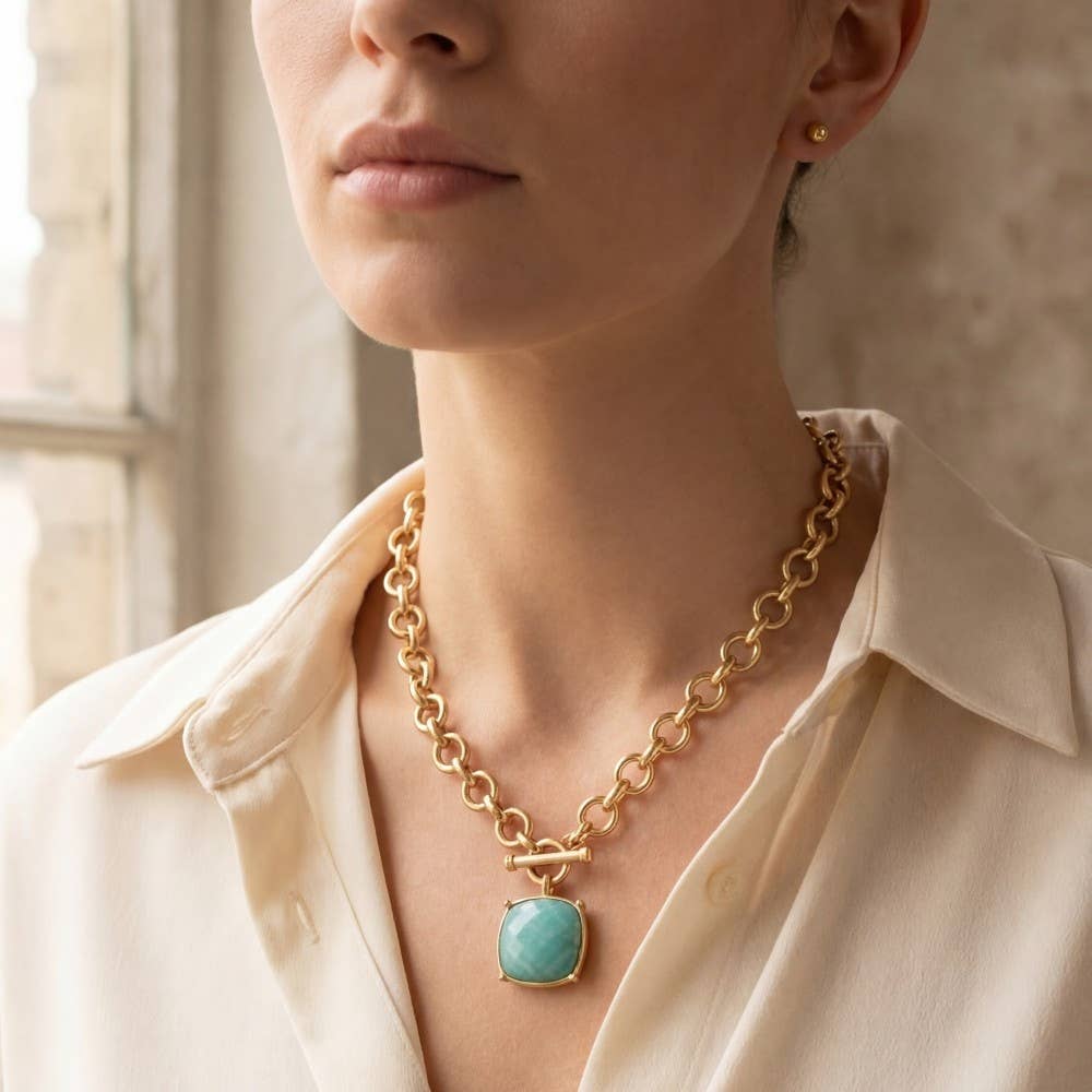 The Looks by Fame Accessories - Large Square Faceted Stone Pendant Toggle Chain Necklace: BK