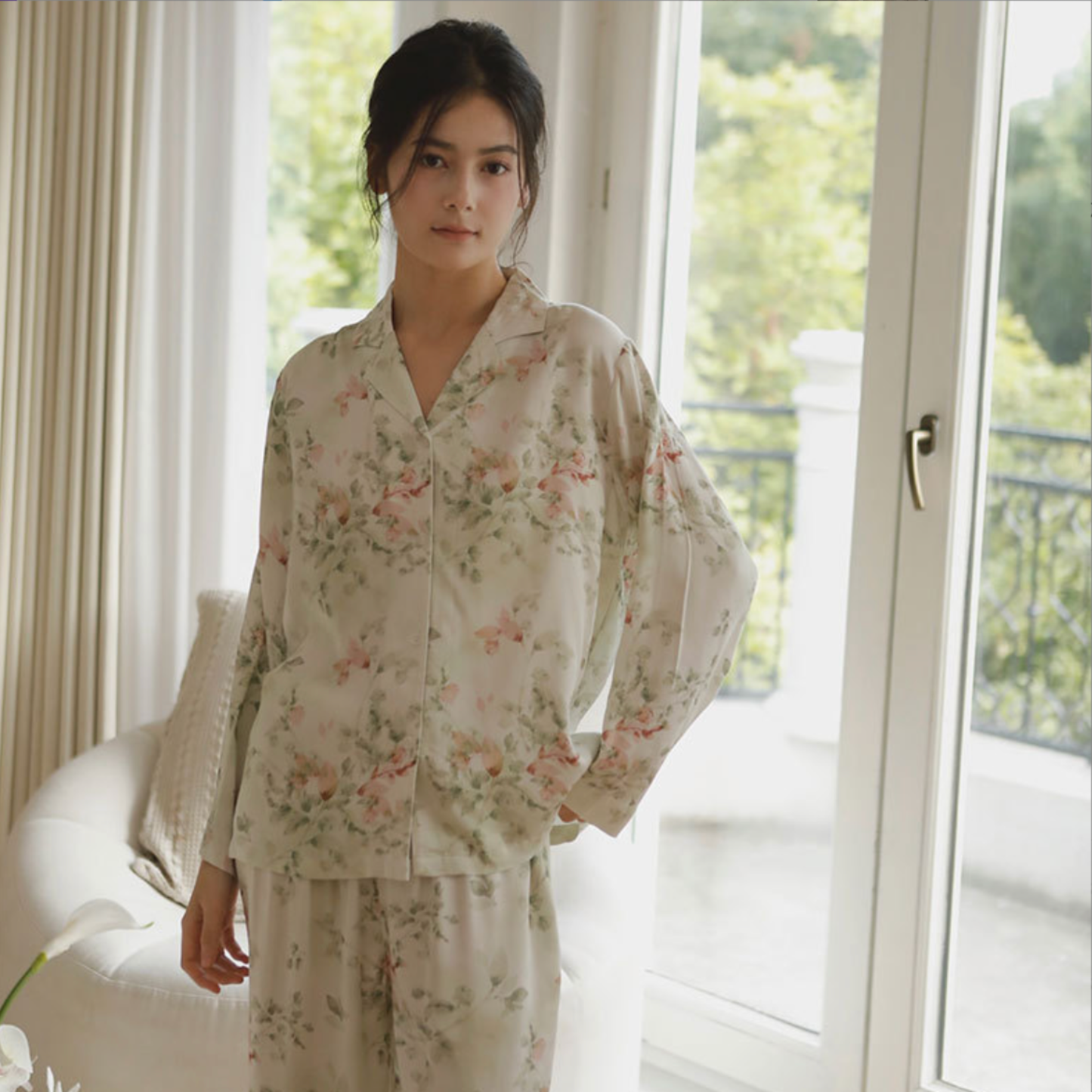 DrifWoo - Elegant Floral Long Sleeve Pajama Set – Soft & Breathable: Beige Rose / S