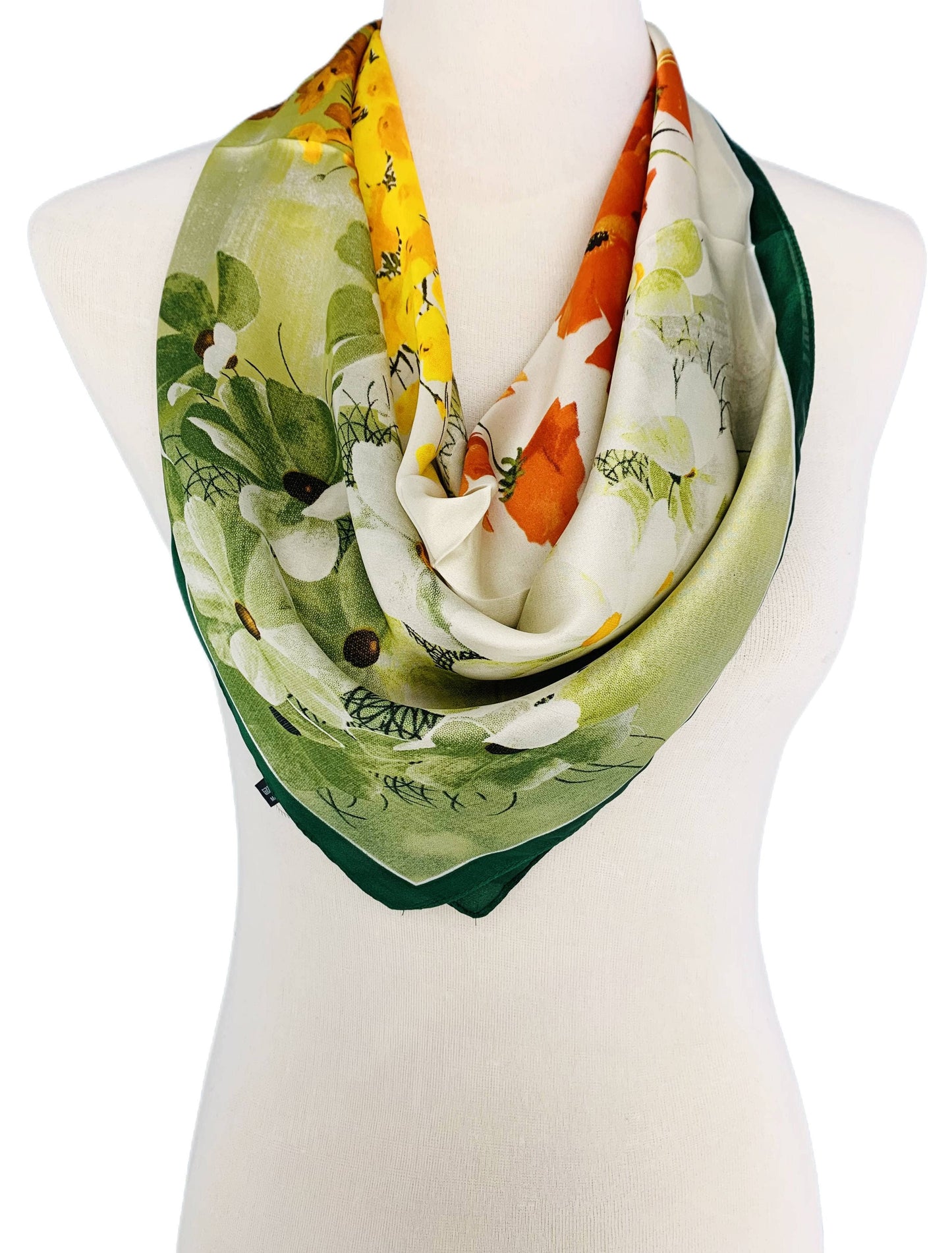 JC Sunny Fashion - JC0707002 Luxurious Silk-Feel Square Scarf--Green-Red Floral