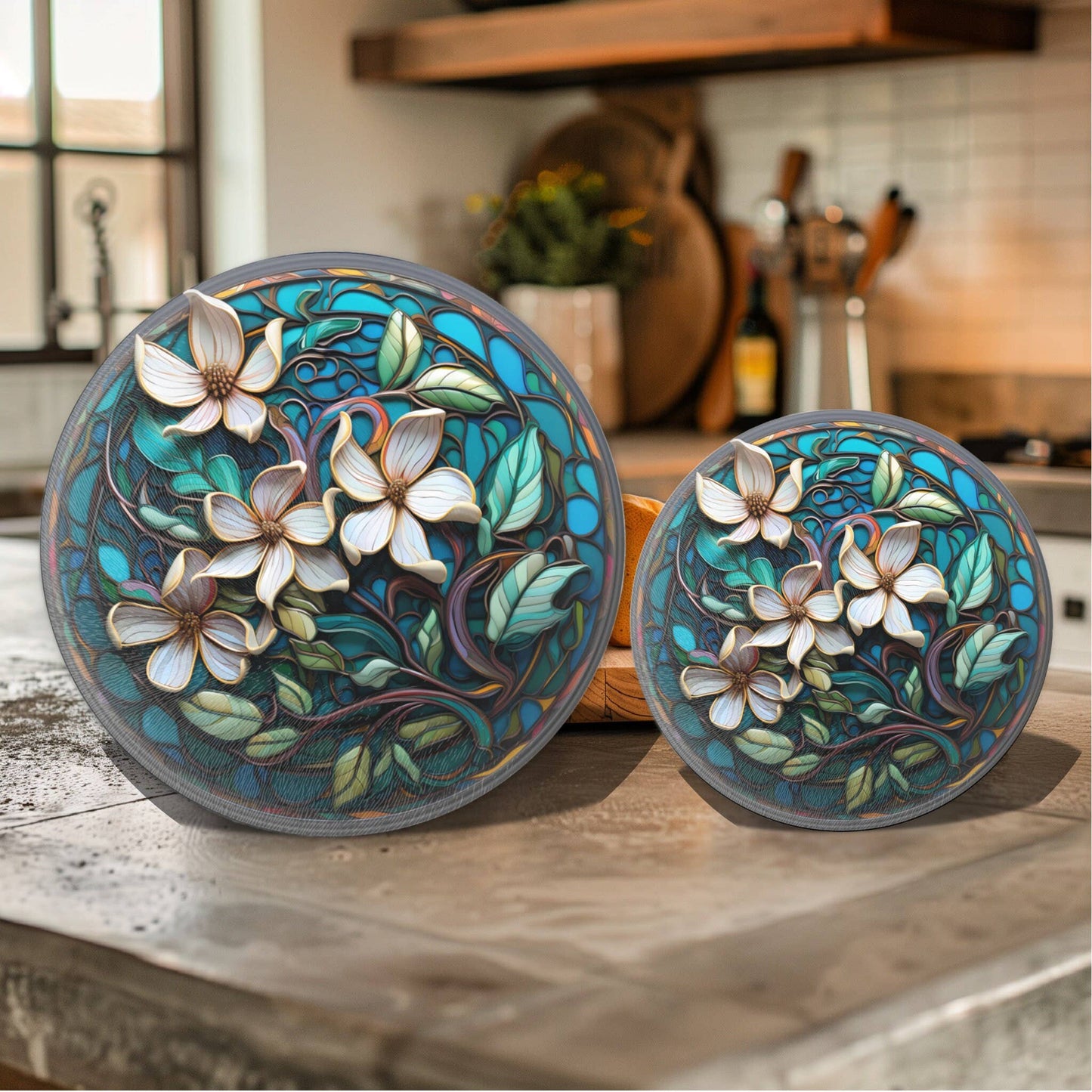 Fernville Creations - Magnolia Glass Cutting/Charcuterie Board & Kitchen Trivet: 12 Inch