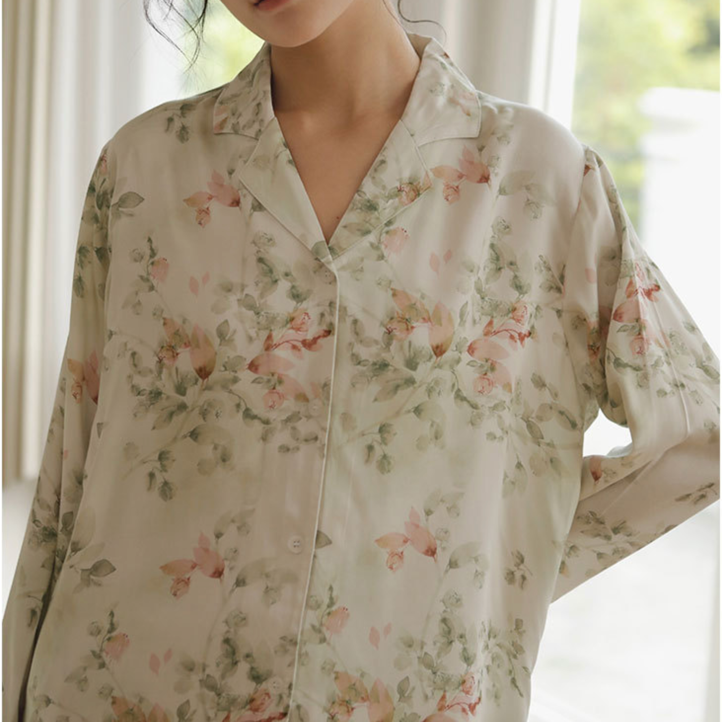 DrifWoo - Elegant Floral Long Sleeve Pajama Set – Soft & Breathable: Beige Rose / L