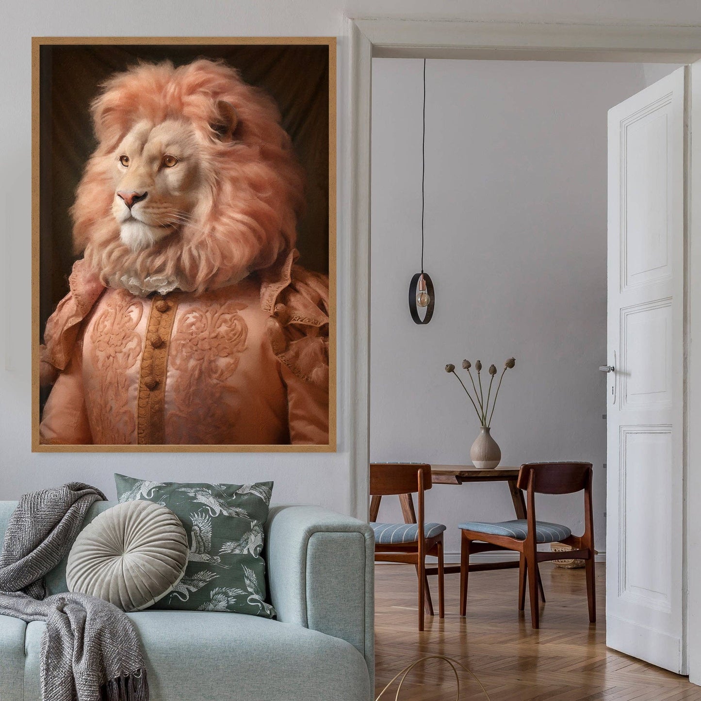 Ink & Drop - Lion in Peach Jacket Animal Portrait Print: 11 ¾ x 15 ¾ in | 30x40 cm / Matte