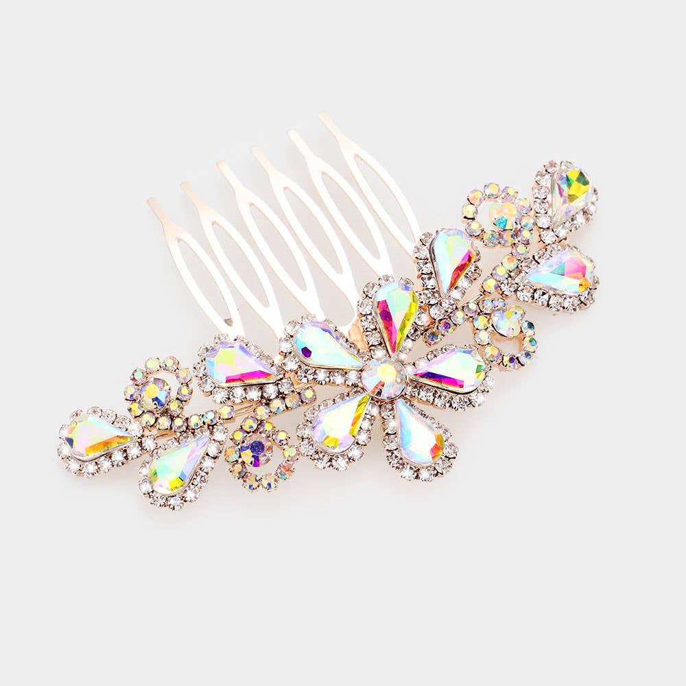 Sensibling Corp. - Teardrop Stone Flower Leaf Hair Comb: AB,Gold