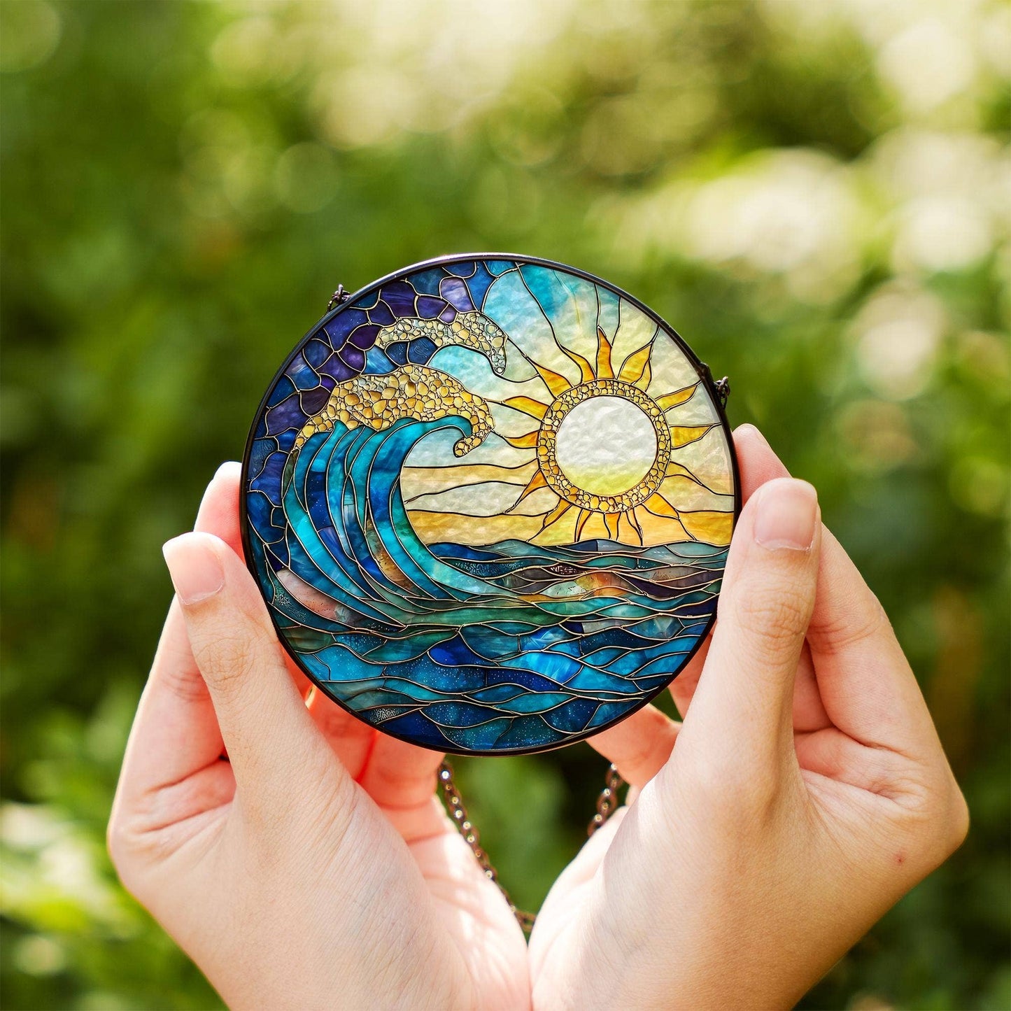 NVC Ecommerce LLC - Sunrise On The Beach Stained Glass Suncatcher, Beach Window : 11.8in