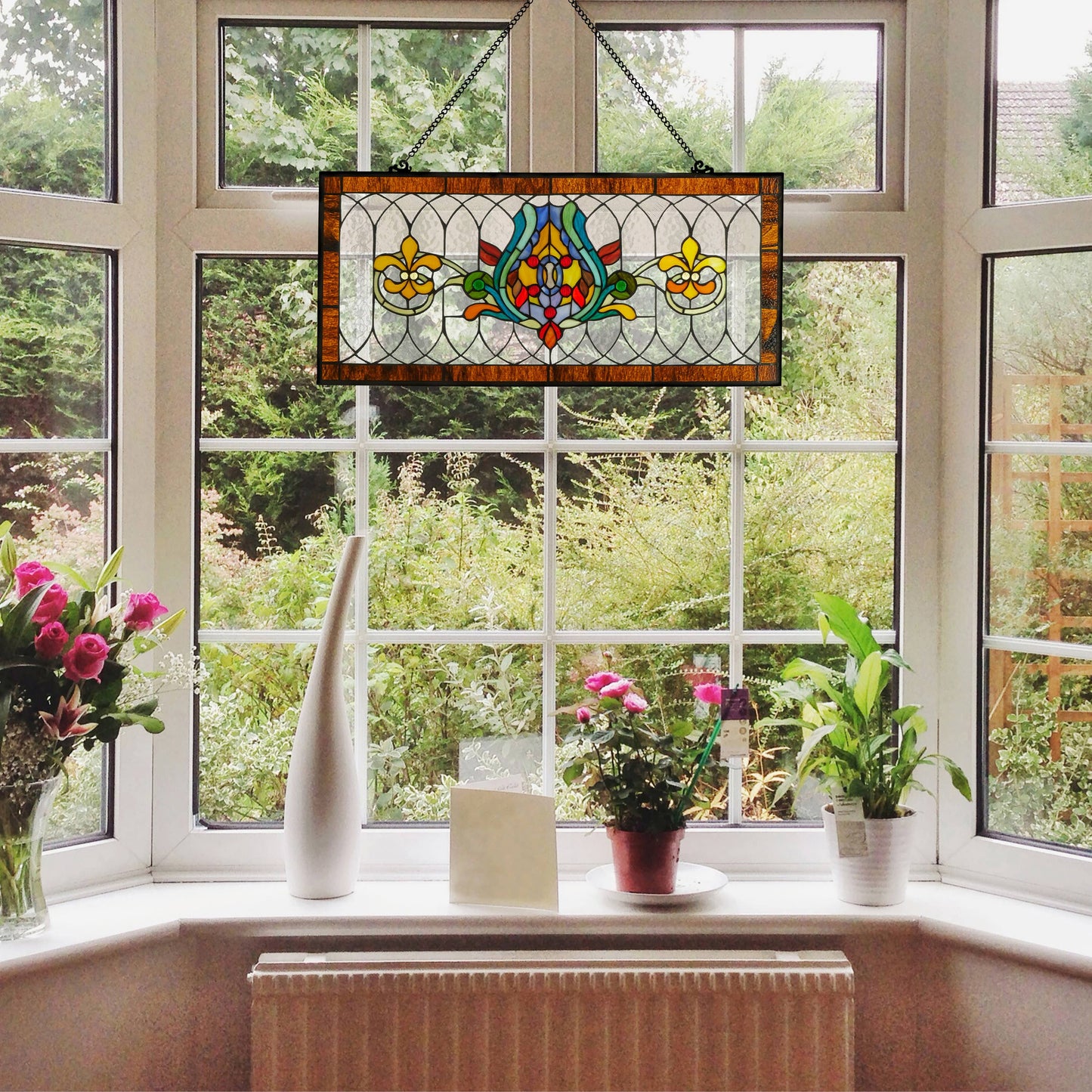 River of Goods - 30"L Fleur De Lis Victorian Stained Glass Pub Window Panel: Amber