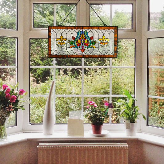 River of Goods - 30"L Fleur De Lis Victorian Stained Glass Pub Window Panel: Amber