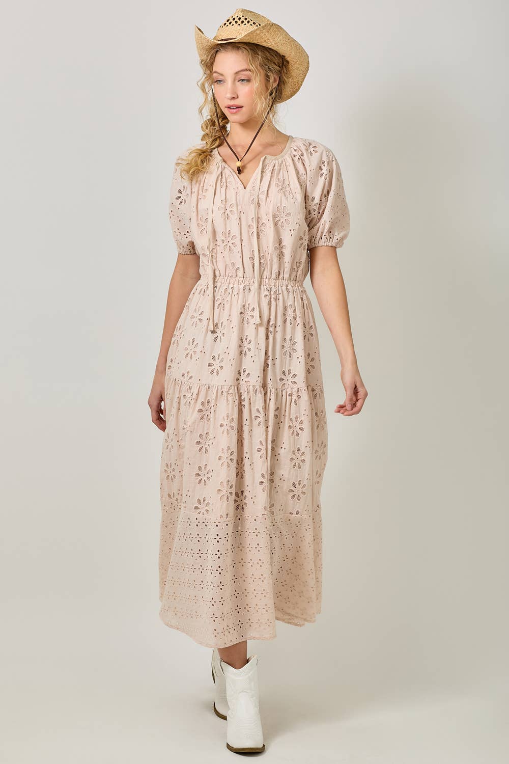 Mystree - 61037 Puff Sleeve Tiered Eyelet Dress: Ivory / Large