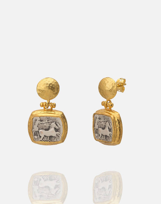 AJS Design Studio - 2 tone gold and rhodium Roman coin with chariot earring