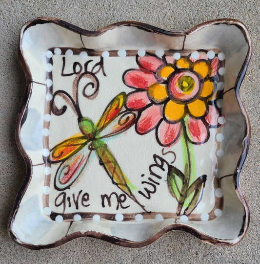 Heartfelt Traditions - Candle Plate (Gray White Dragonfly Flowers Wings)