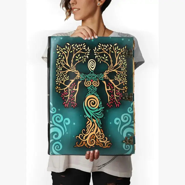 Tuzech Leather - Book of Spell LeatherBound Huge Journal Grimoire Print Diary: 22" Inch / Green Lady