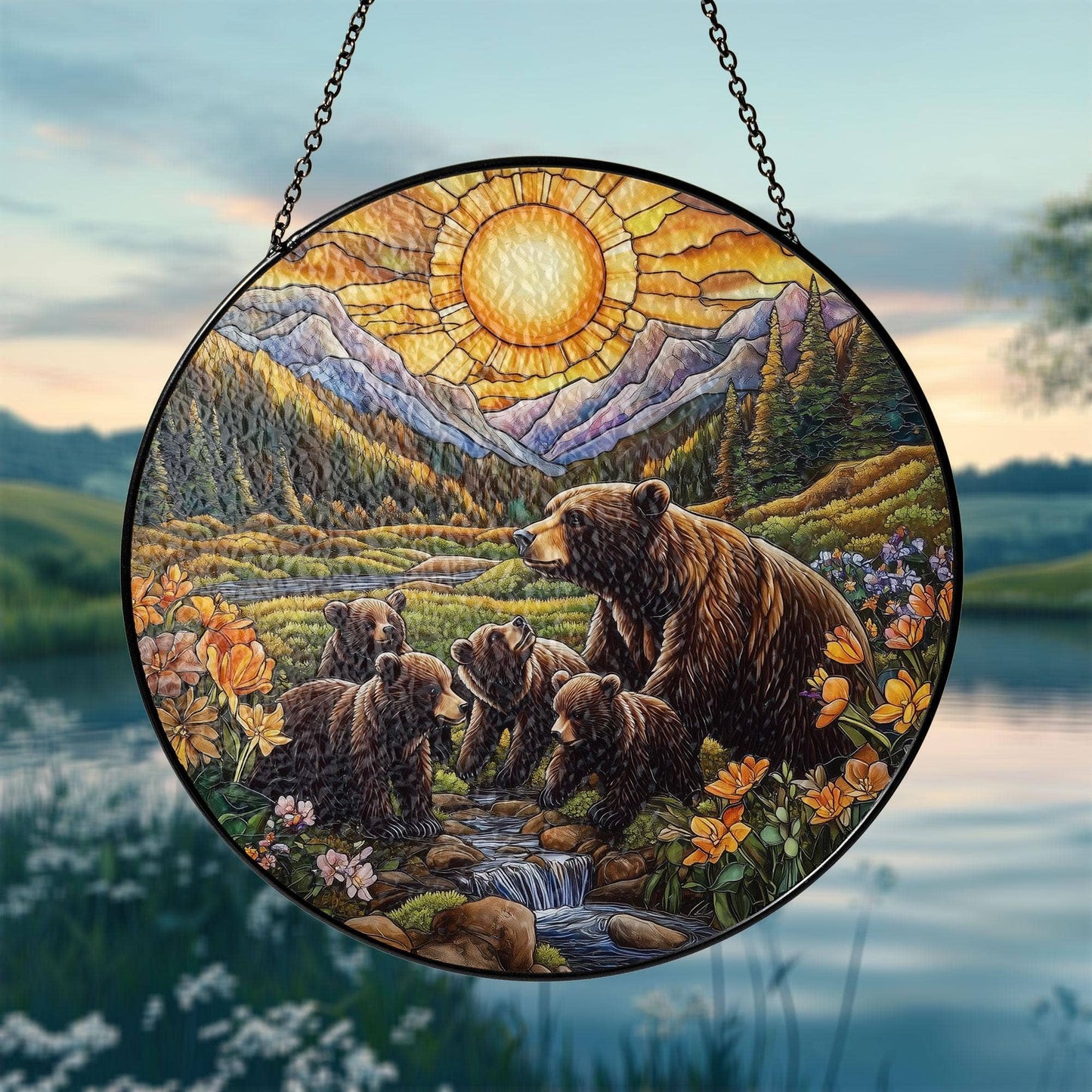 NVC Ecommerce LLC - Bear Family Stained Glass Suncatcher, Mountain Home Wall Art: 11.8in