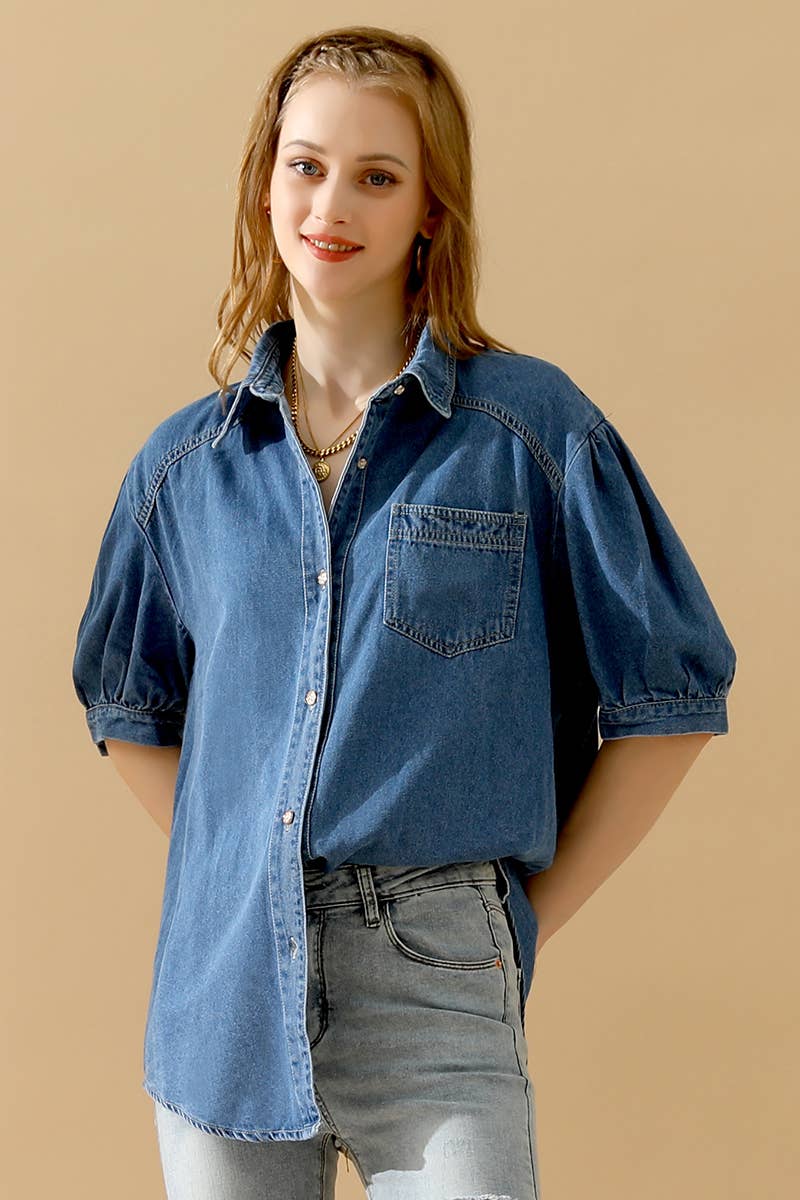 NINEXIS - CWJT0001-B_SHORT PUFF SLEEVE BUTTON DOWN DENIM SHIRTS: DENIM / (S) 1