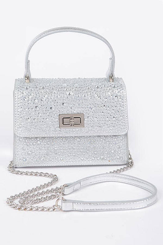 Shop Neighbors - Hot Fix Stones Metallic Top Handle Bag: SILVER