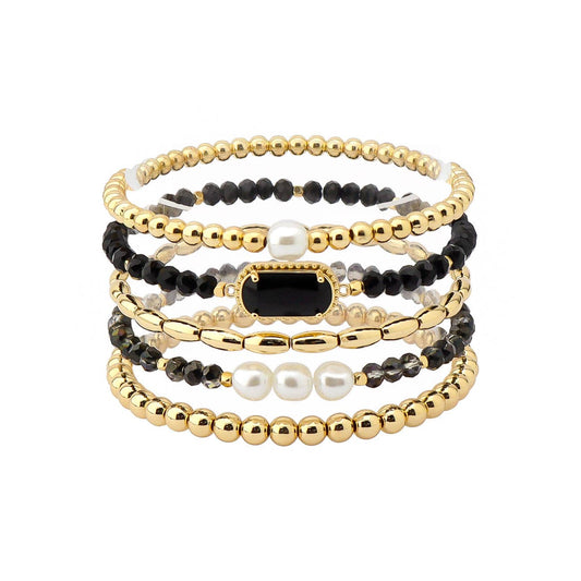 What's Hot - Set of 5 Black Crystal, Pearl, and Gold Stretch Bracelets