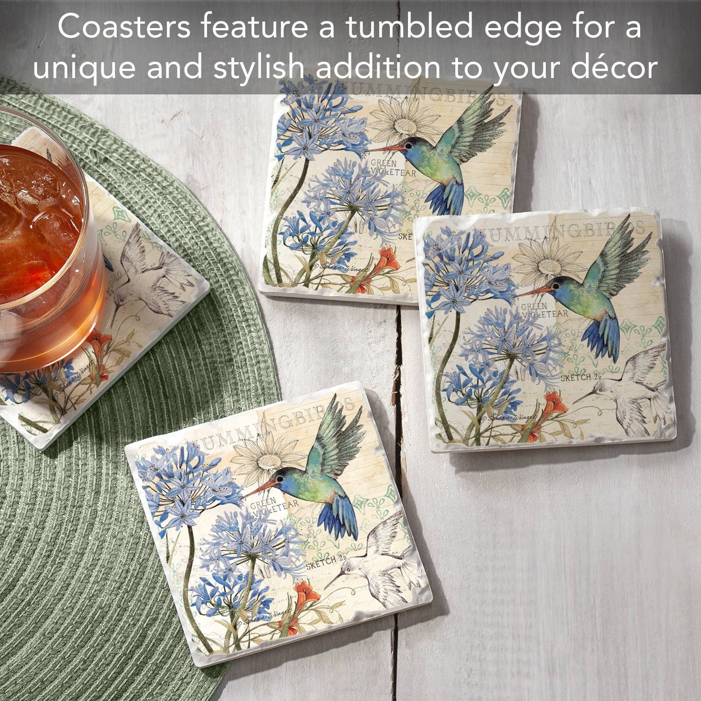 CounterArt/Highland Home/Thirstystone - "Hummingbird Study" 4 Pack Tumbled Tile Coasters