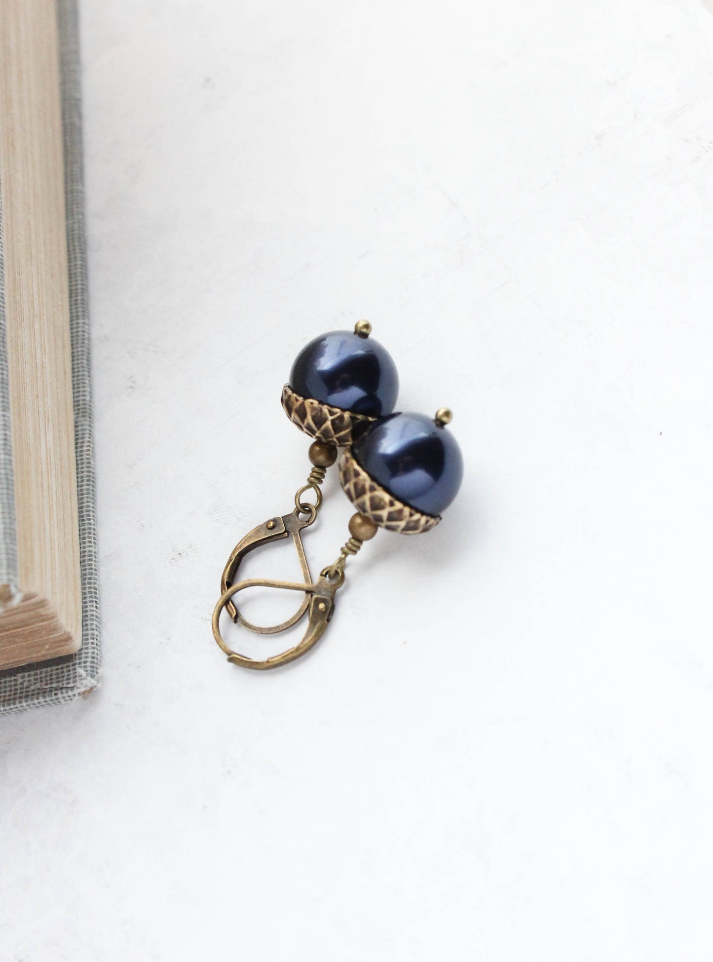 A Pocket of Posies - Midnight Blue Pearl Acorn Earrings - ANTIQUED BRASS