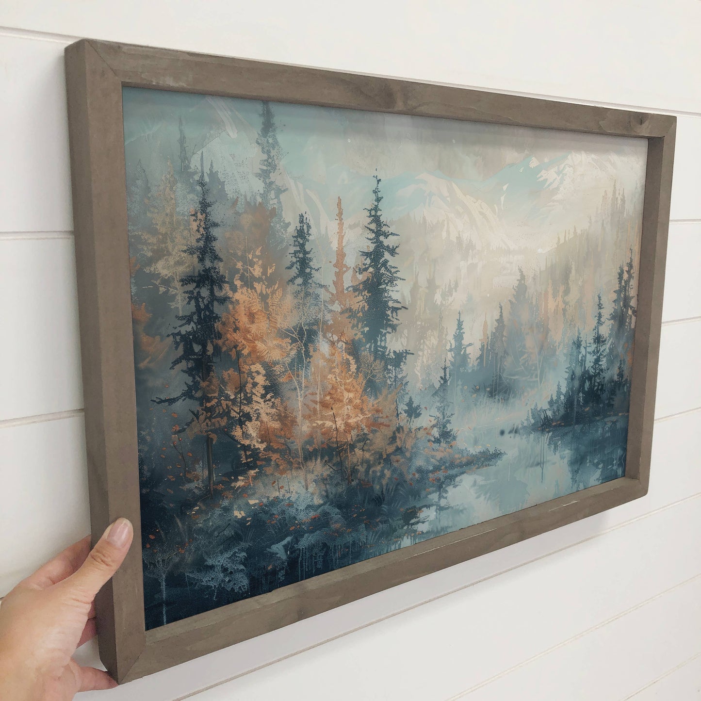 Hangout Home - Blue Tan Abstract Pines - Mountain Landscape Canvas Wall Art: 24x36" Extra Large Canvas Art with Thick Wood Frame